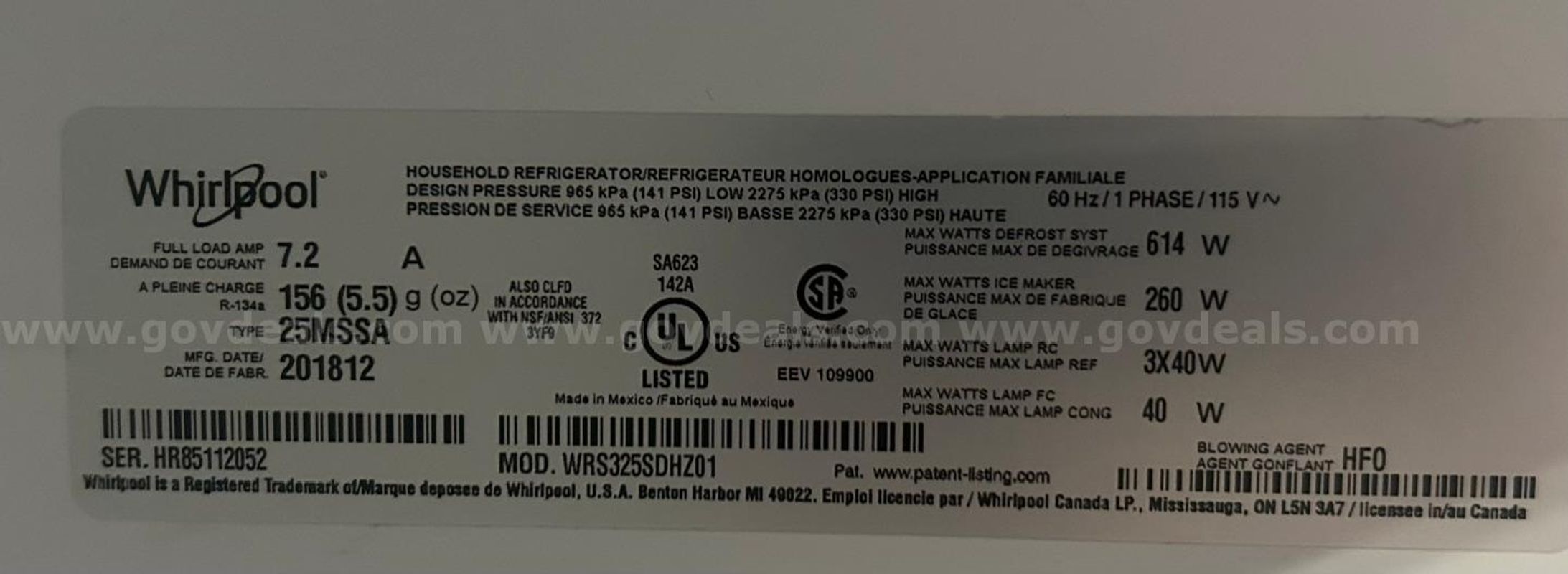 Whirlpool Refrigerator WRS325SDHZ01 Repair Parts