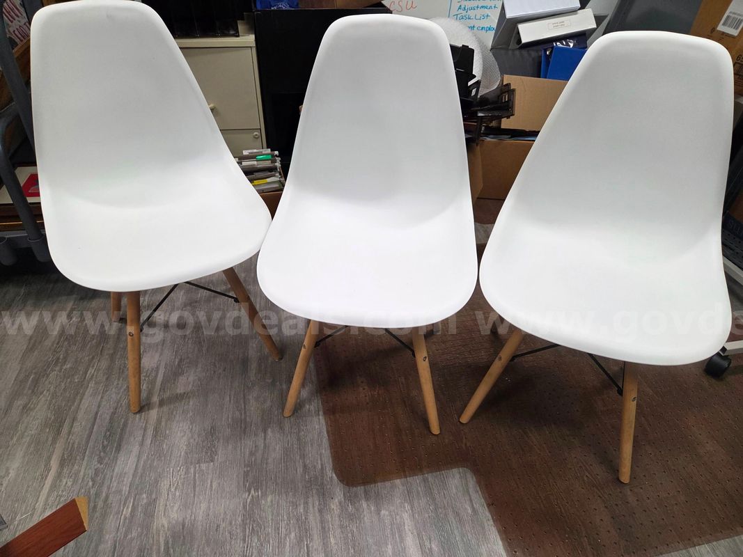 3 White Plastic Chairs with Wood Legs
