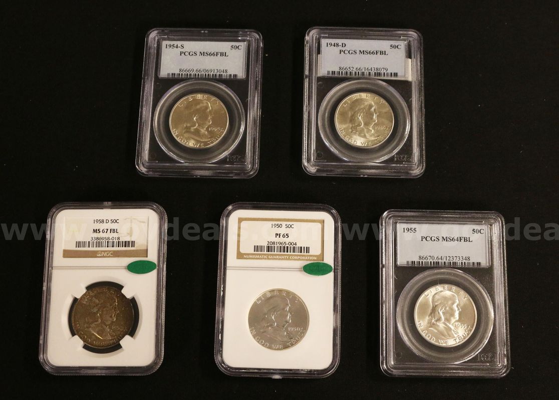 5 Graded/Slabbed U.S. Franklin Halves, Including CAC Certified & Full Bell Lines