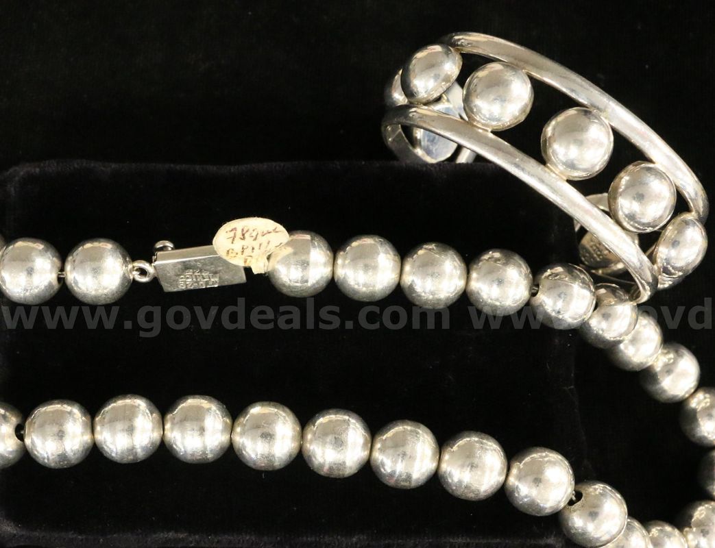 Sterling Silver Bead Design Necklace & Cuff Bracelet Set, 121.3 Grams