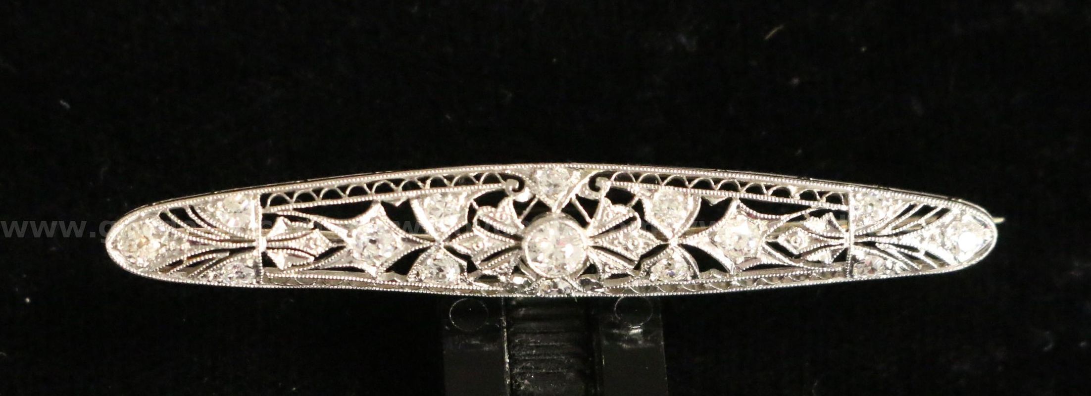Platinum Filigree Design Pin/Brooch With Diamonds, 4.7 Grams