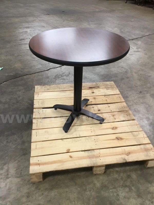 30 x 30 dark mahogany round table; with a black leg stand "DH"