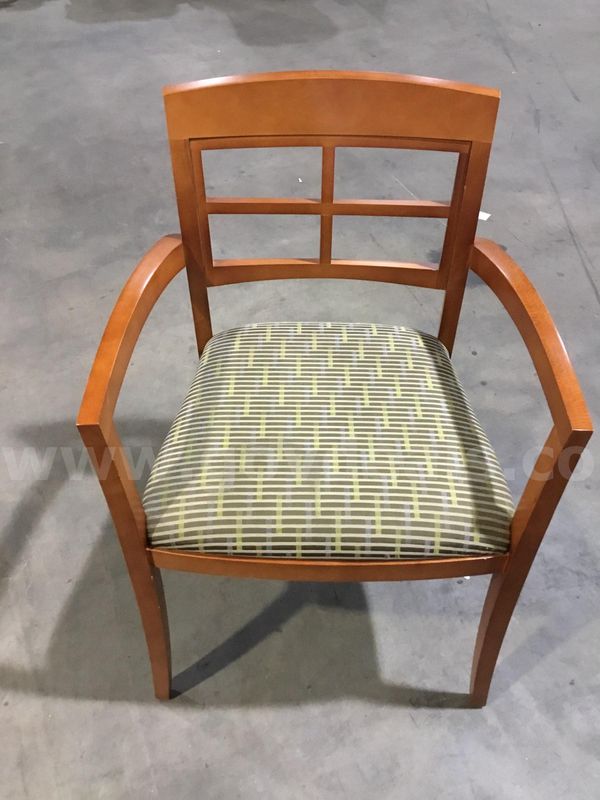 Multi green striped chair; with brown hardwood armrests "DH"