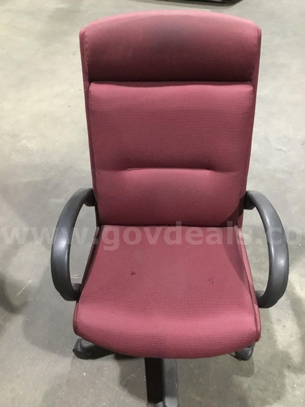 Burgundy chair; with black padded armrests "DH"