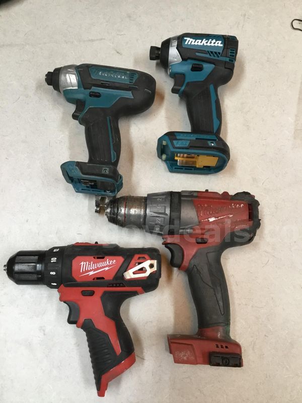 Lot of misc box items-2 Makita, & 2 Milwaukee drill guns (NO BATTERIES INCLUDED) "DH"