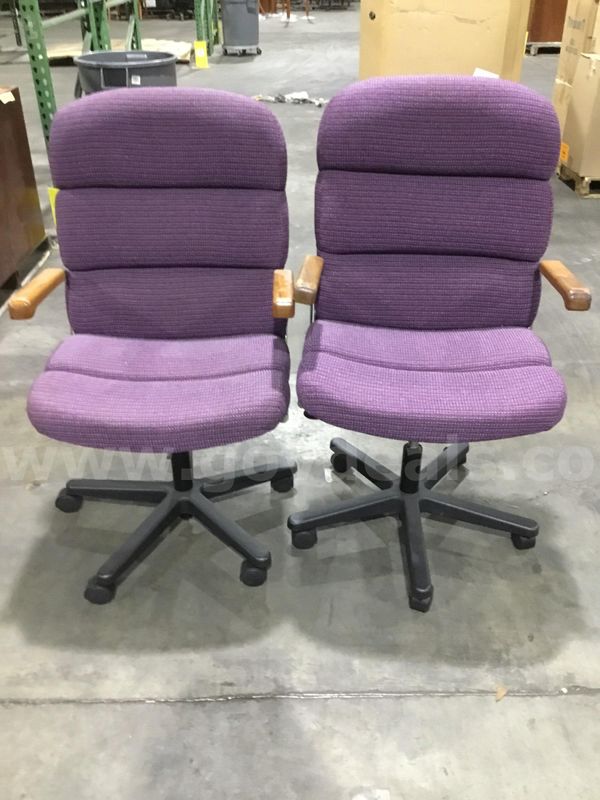 Two purple adjustable chairs; with dark brown hardwood armrests "DH"