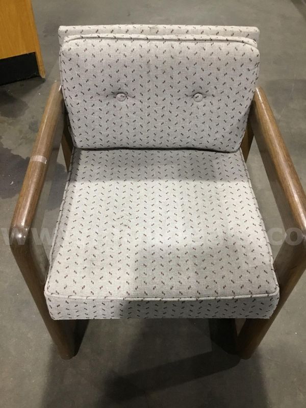 Gray striped chair; with dark brown hardwood armrests  "DH"