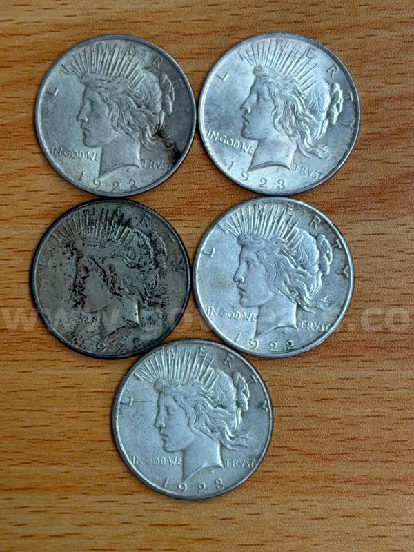 Lot of 5 - Silver U.S. Peace Dollar (1922-S, 1922, 1923, 1923, 1923-S)