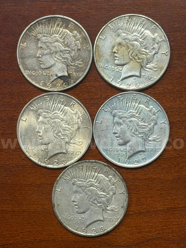 Lot of 5 U.S. Silver Peace Dollars (1922-D, 1926, 1923, 1927, 1923)