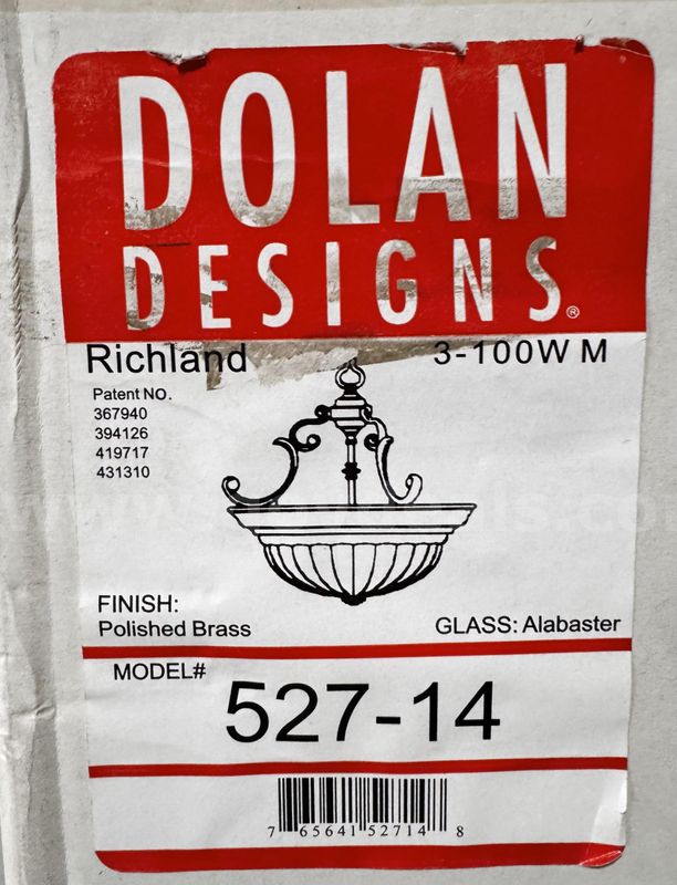 Brand New - Dolan Lighting - 527-14 Polished Brass Semi Flush Mount Light Alabaster Glass