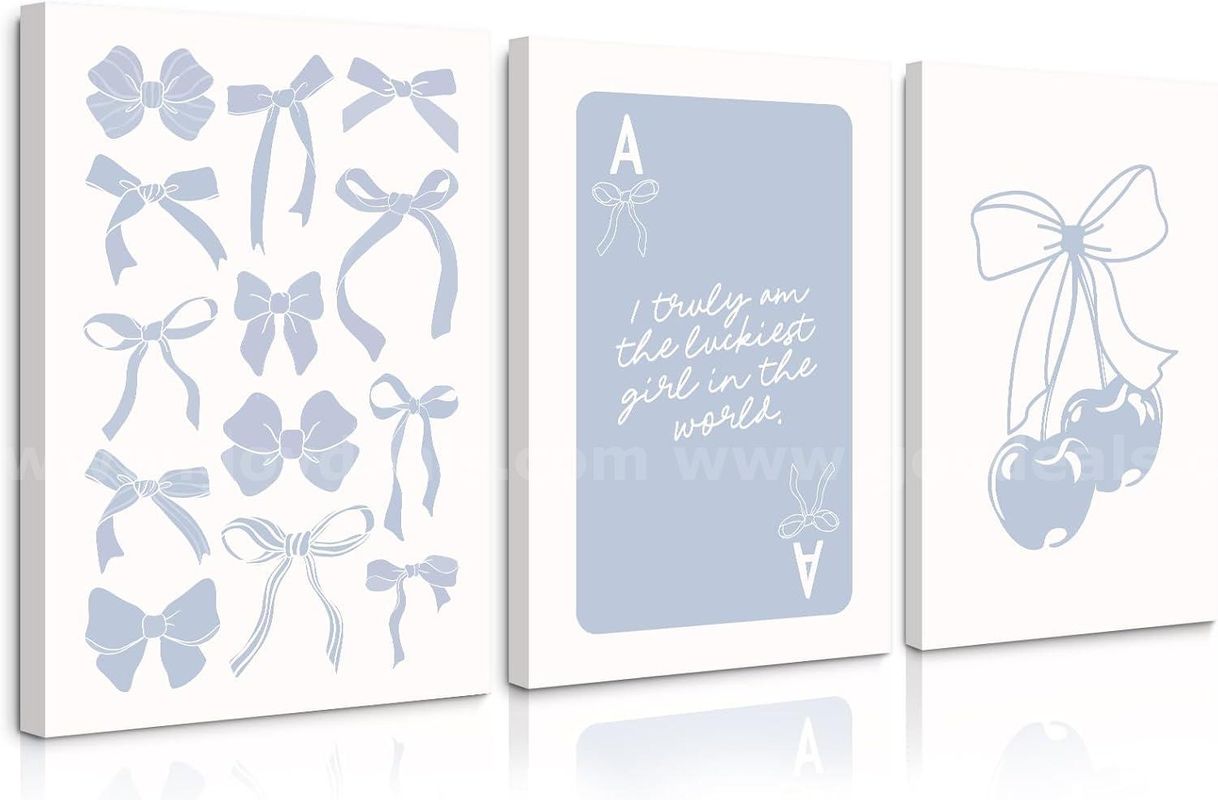 Brand New - Set of 3 Blue Bow Wall Art Decor  16"x24" Framed - Shipping Available