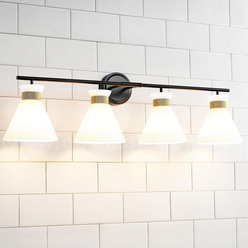 Brand New - 4-Light Modern Vanity Lights for Bathroom Black and Gold Wall Sconce Lighting with Frosted Milky Glass