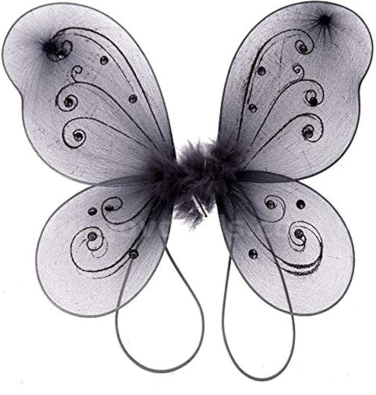 Brand New - Organza Nylon Butterfly Fairy Wings w/Rhinestone Glitters (22" x 15", Black) - Shipping Available