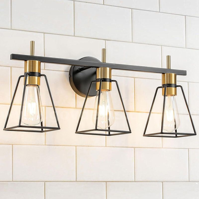Brand New - Industrial Bathroom Vanity Light – 3-Light Black & Gold Vintage Metal Cage Wall Sconce - Shipping Available