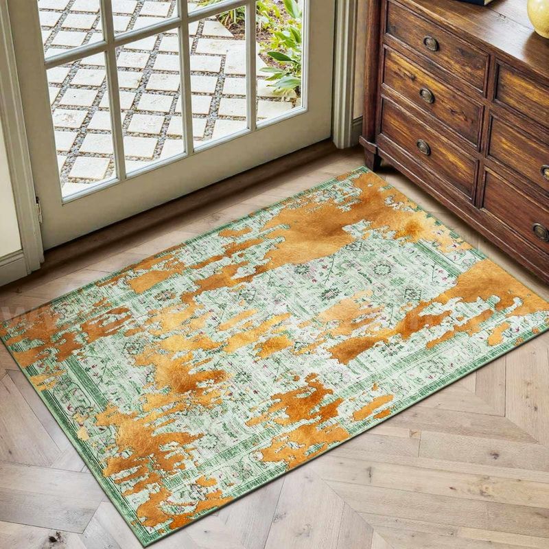 Brand New - 2'x3' Front Door mat, Ft Washable Area Rug Small Entryway Rug, Orange Green - Shipping Available