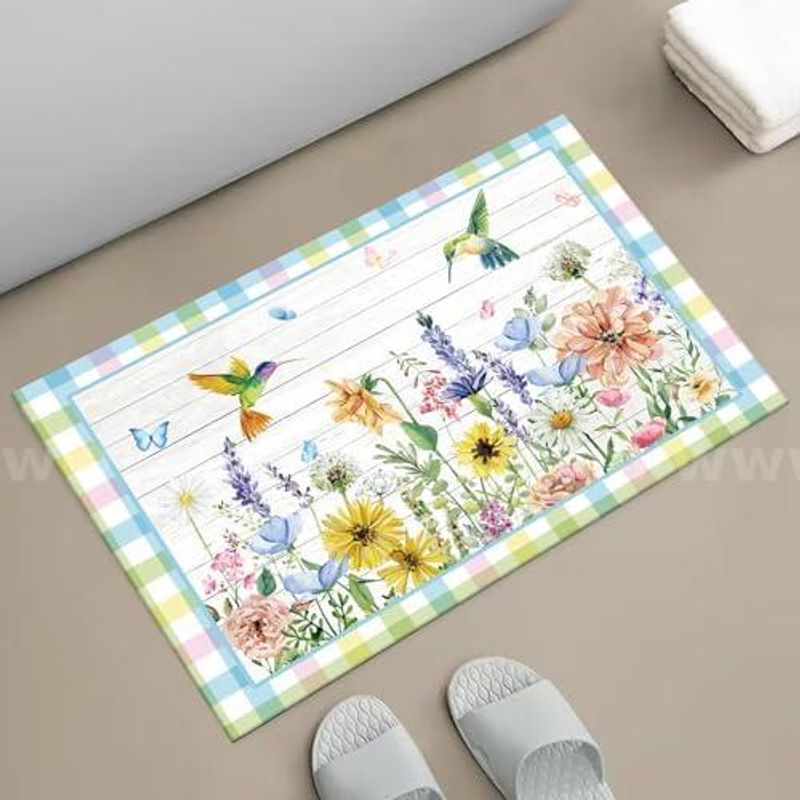 Brand New - Spring Floral Bathroom Mat for Decor, Hummingbird Bath Rug Non-Slip, 17x24 in - Shipping Available