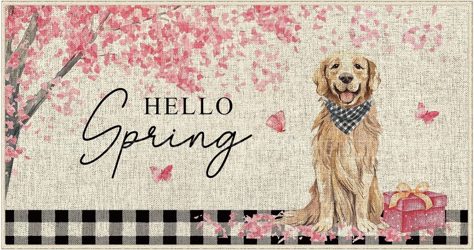 Brand New - Hello Spring Dog Door Mat Golden Retriever Cherry Blossom Floral 17"x30" - Shipping Available