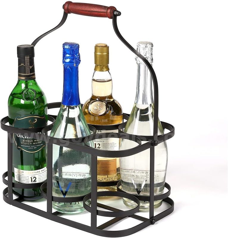 Brand New - Metal Wine Bottle Carrier 6 Bottle Wine Carrier with Wood Handle, Black - Shipping Available
