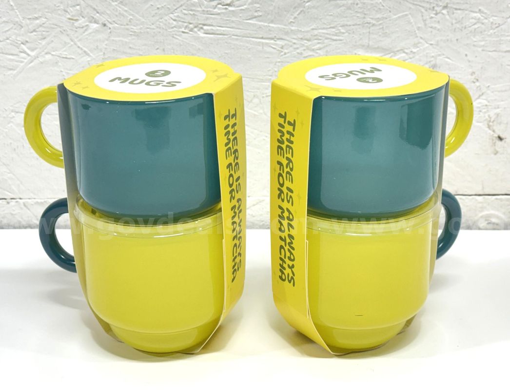 Brand New - Set of 2 - Teal/Yellow Classic Glass Mugs, 12oz Hand Cafted - Shipping Available