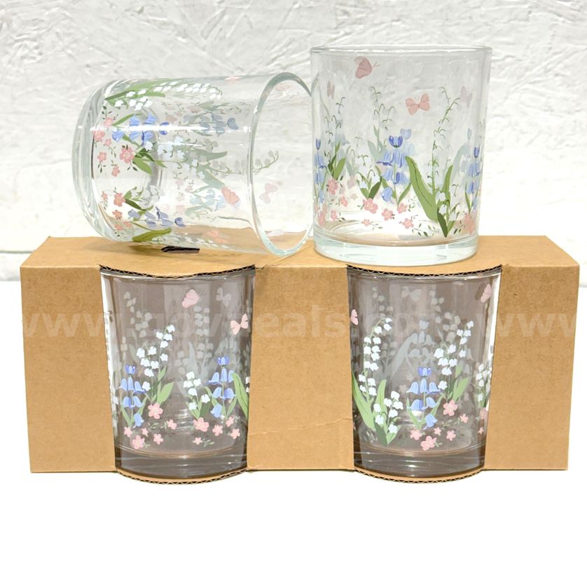 Brand New - 4 PCS - Vintage Clear Drinking Glasses Tumblers Field Flowers, 10 oz - Shipping Available