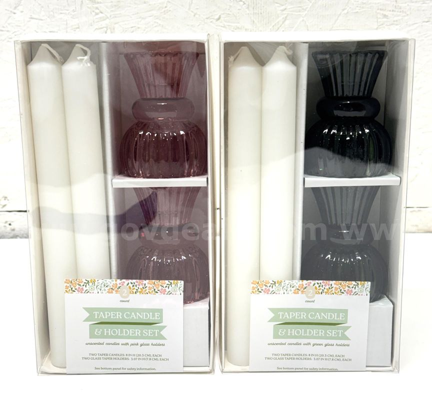 Brand New - Set of 2 Taper Candle Set Pink and Green Glass Holders - Shipping Available