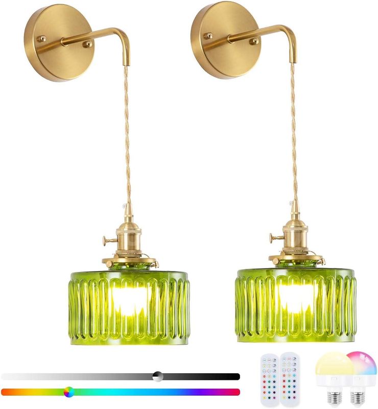 Brand New - 2PCS - Vintage Wall Sconces with Striped-Green Shade Glass Adjustable Chain - Shipping Available