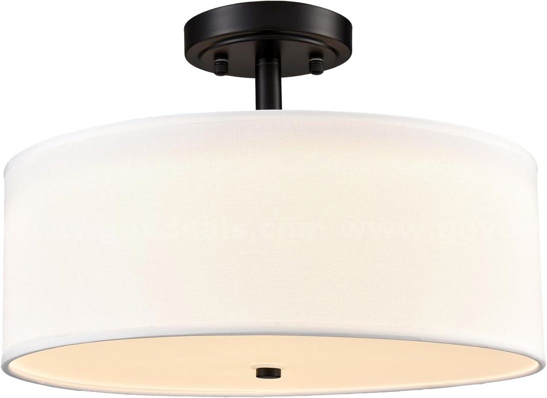 New - 15" Dimmable black Semi Flush Mount Ceiling Light with Drum Shade Ceiling Light Fixture - Shipping Available