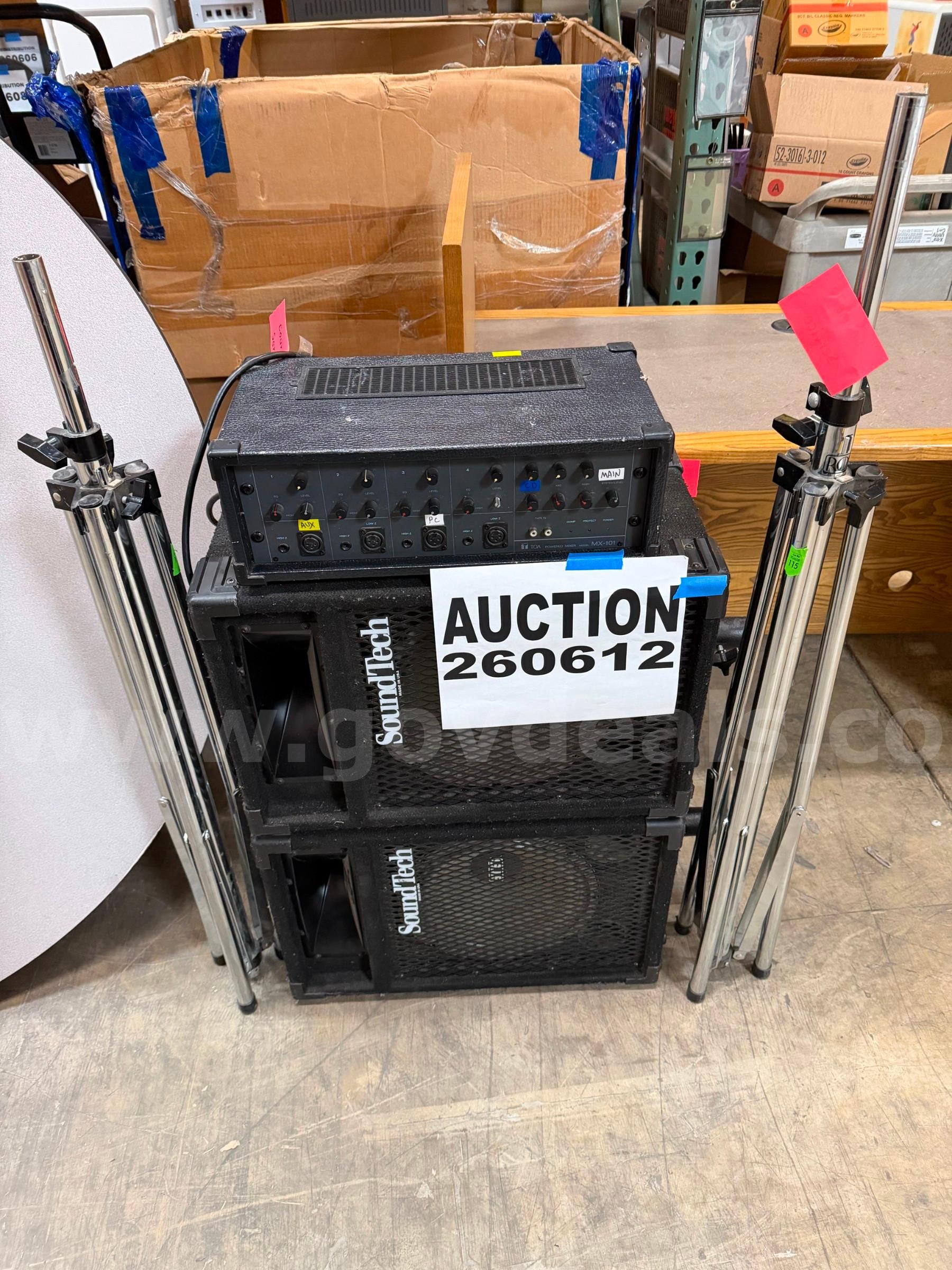 Portable PA bundle: TOA MX-101 powered mixer, two SoundTech passive speakers, and two heavy-duty Ross tripod speaker sta