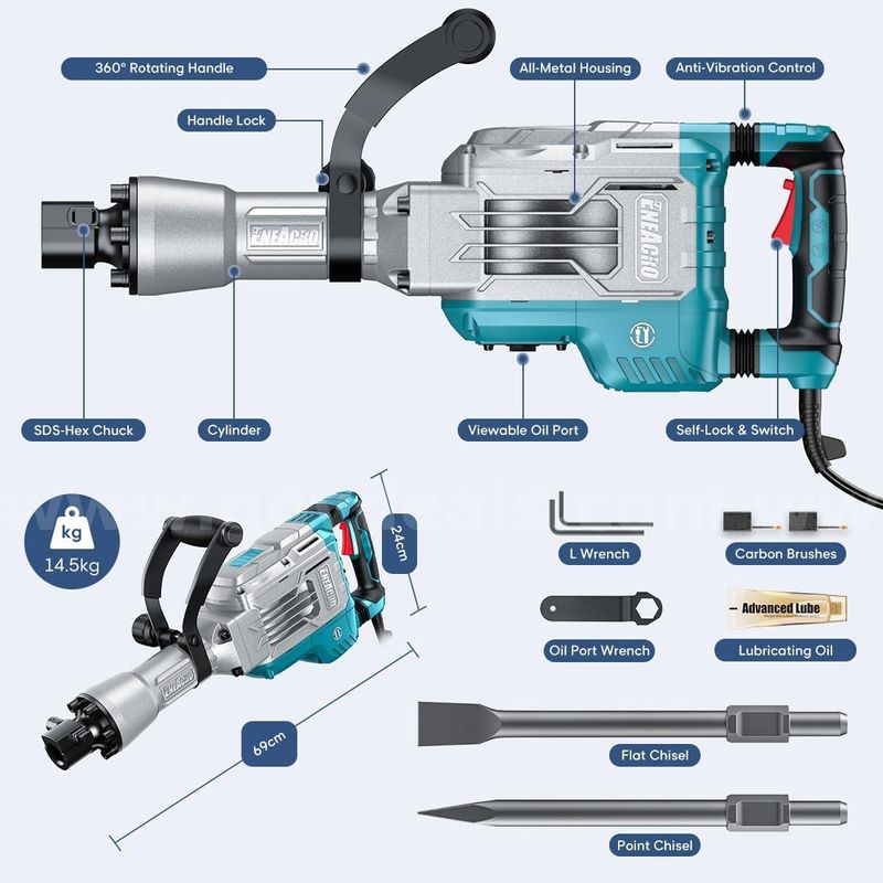 FREE SHIPPING - Demolition Jack Hammer – 14.5 Amp SDS-Hex Concrete Breaker (65 Joules) with 2 Chisels & Wheeled Case