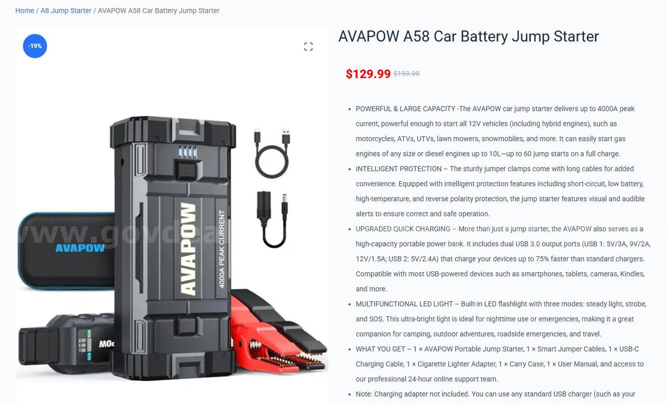 SHIPPING AVAILABLE AVAPOW A58 Jump Starter 4000A Peak 12V Car Battery Booster Pack, 18W Fast Charge Portable (A-8)