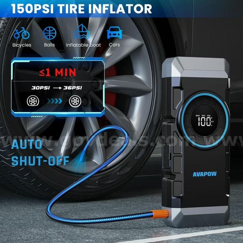 SHIPPING AVAILABLE AVAPOW WP2 Jump Starter with Air Compressor 150PSI, 18W QC3.0 Car Battery Booster Pack(100-u)
