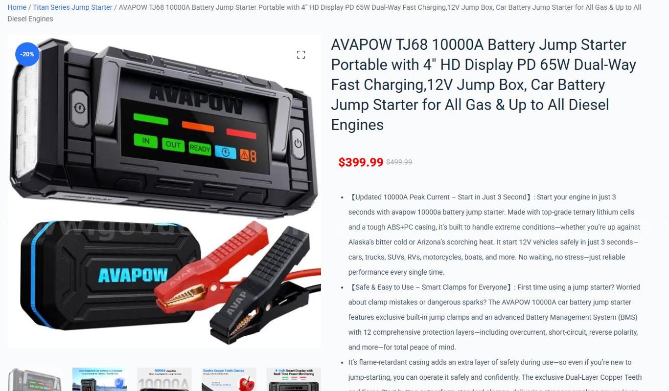 SHIPPING AVAILABLE AVAPOW TJ68 10000A Battery Jump Starter Portable with 4″ HD Display PD 65W Dual-Way (65-wu)