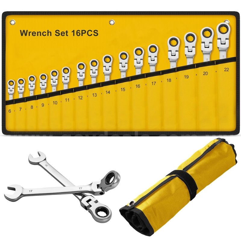 SHIPPING AVAILABLE WOZOBUY 16pcs Metric Flex Head Ratchet Wrench Set 6–22mm Combination Spanner with Yellow (B1-020)