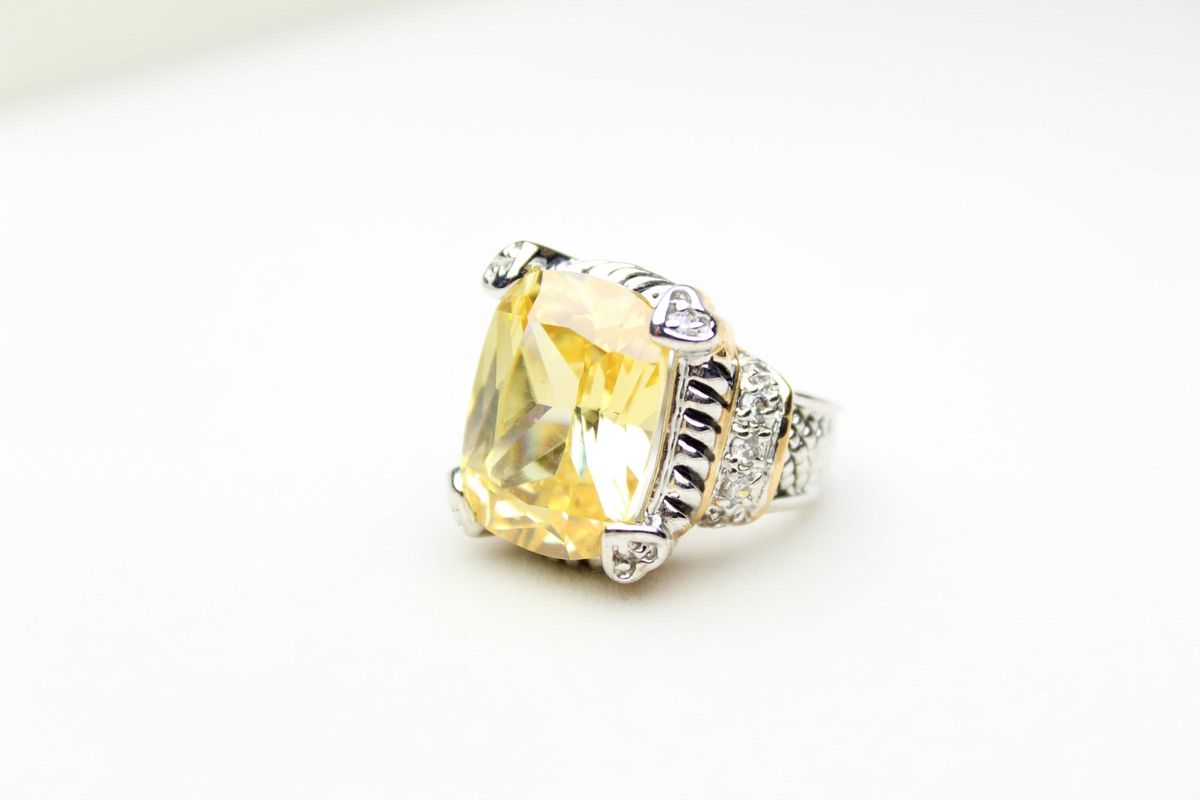 Vintage Sterling Silver Large Yellow CZ Statement Ring - Size 5