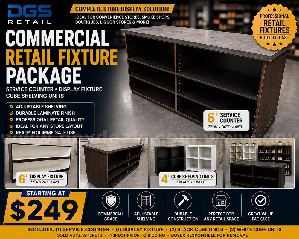 DGS Retail Commercial Store Fixture Package – Display Cabinets, Service Counter & Cube Shelving