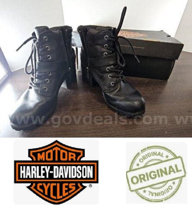 Original Authentic Harley-Davidson Black Leather Lace-Up Boots with Box - Side zippers, Strap detailing