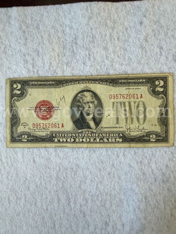 1928 G $2 dollar bill Slight off center top to bottom circulated
