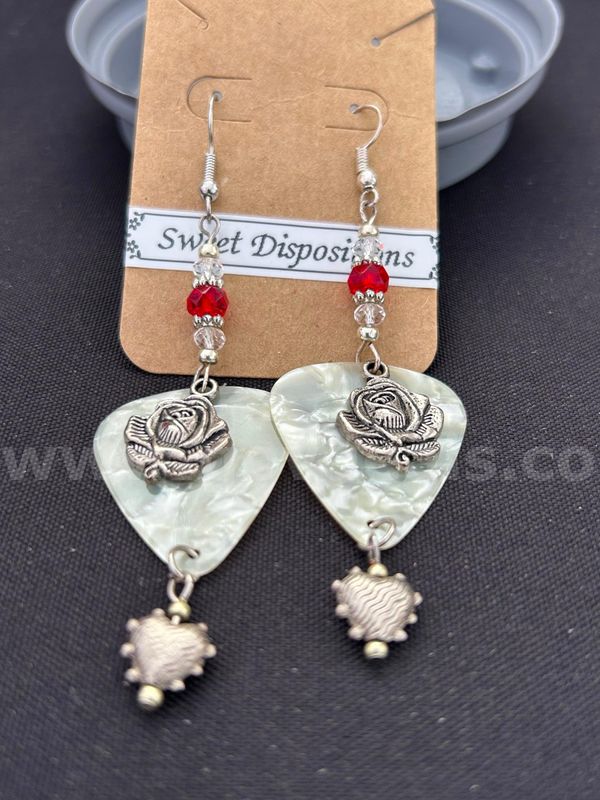 Rose & Heart Guitar Pick Earrings. FREE SHIPPING W/ BUY IT NOW!