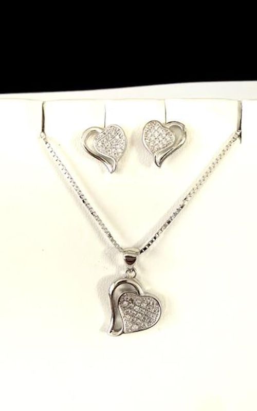 Stunning, Rhodium Clad, CZ Heart Earrings W/ 18" Box Chain Necklace Set