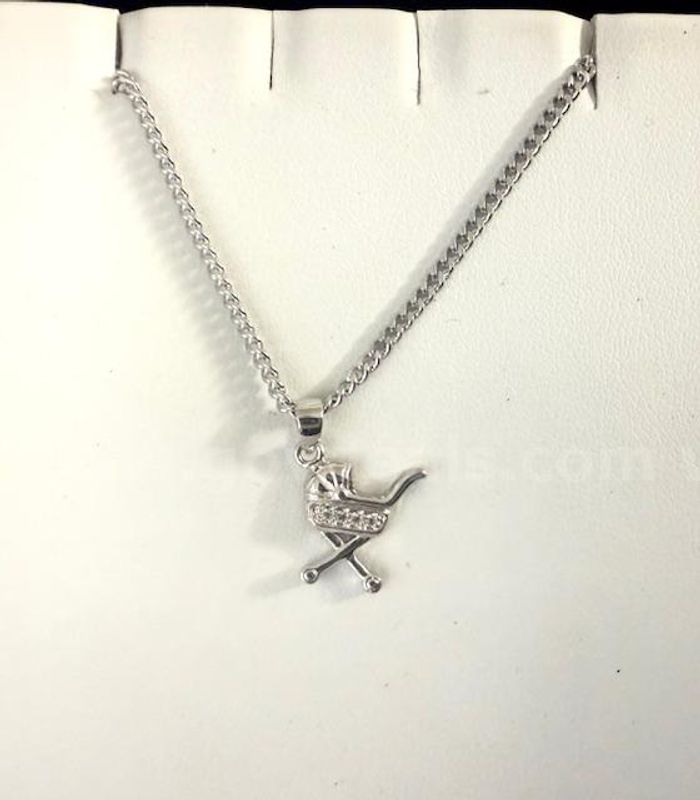 Adorable, Rhodium Clad, CZ Baby Carriage Pendant W/18" Curb Link Necklace