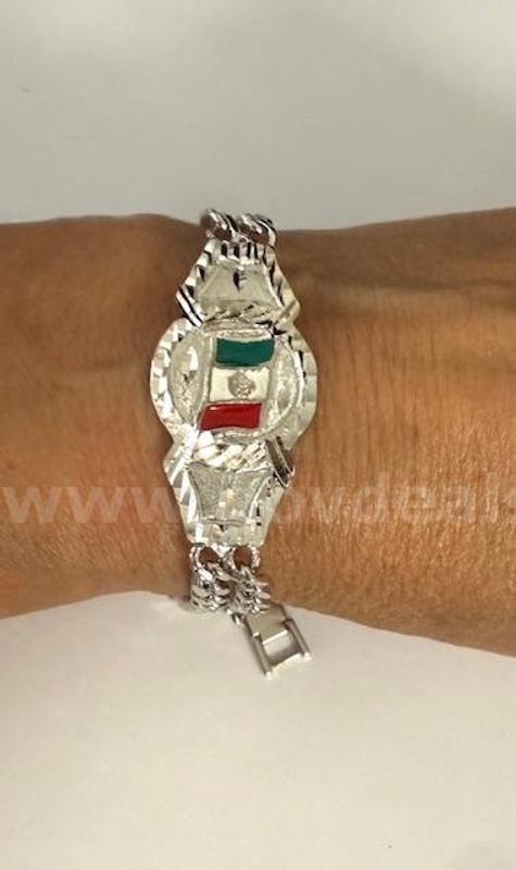 Beautiful, Rhodium Clad (Silver), Double Curb Link, 9", Bracelet W/Mexico Flag