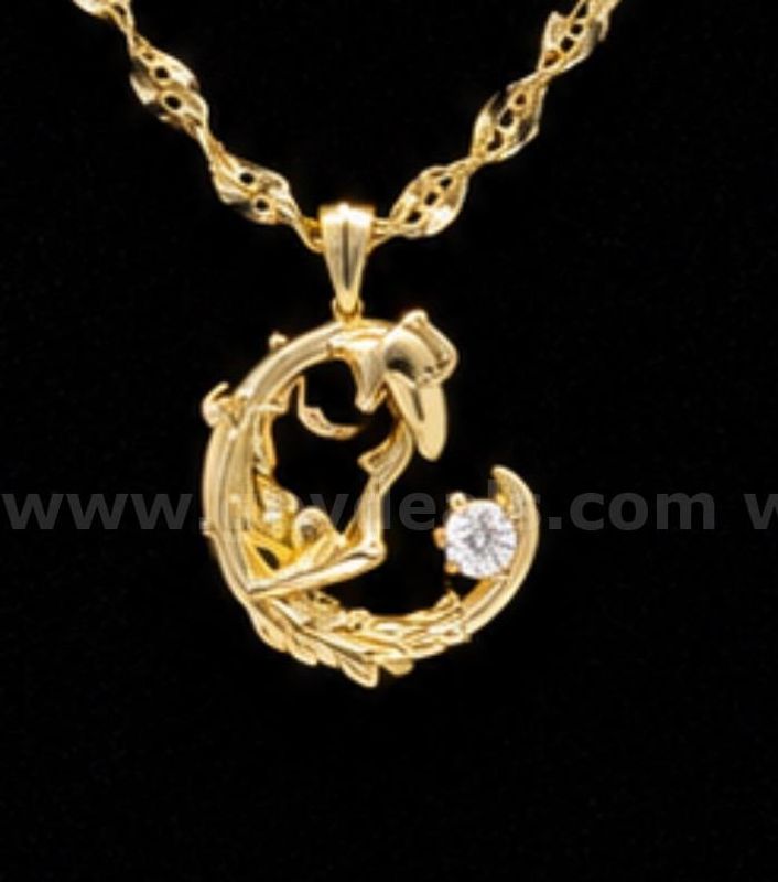 20' Twisted Necklace W/Girl Riding Moon CZ. 24k Real Gold Plated,