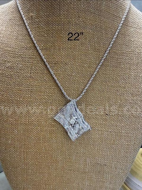 Rhodium Clad (Silver), 2MM, 22 Inch, Necklace W/CZ Israel Flag Pendant