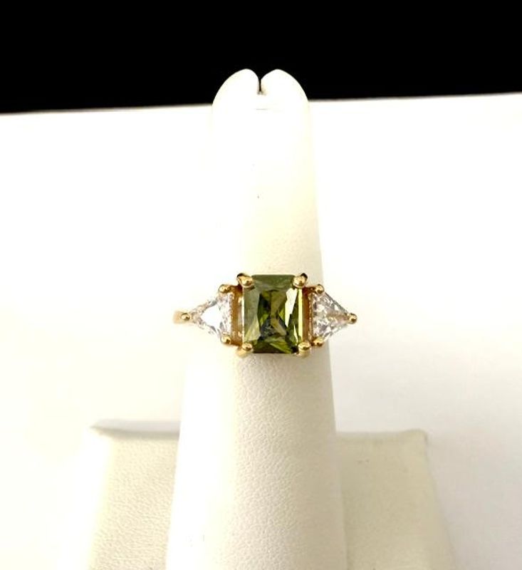 Beautiful, Ladies, Size 6, CZ Peridot Ring W/Accents, Real 24k Gold Filled