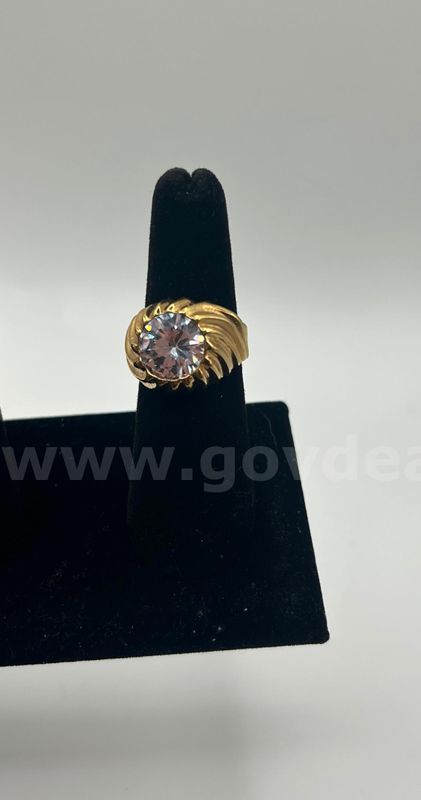 Unisex, 24k Gold, Size 6 1/2, Large CZ W/ Swirl Solitaire Ring