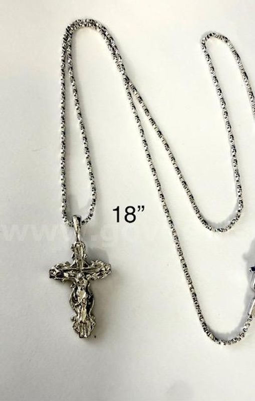 Dainty, Ladies, Rhodium Clad (Silver), Cross Pendant W/18 Inch Diamond Cut Box Chain
