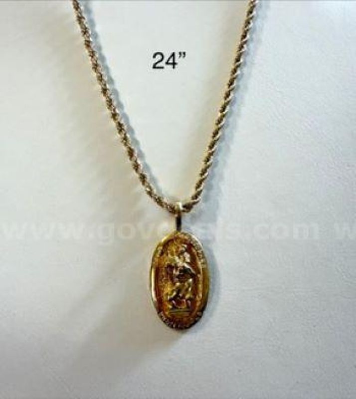 Beautiful, 4MM, 24 Inch, Diamond Cut Rope Chain, W/St. Christopher Pendant, Real 24k Gold Filled