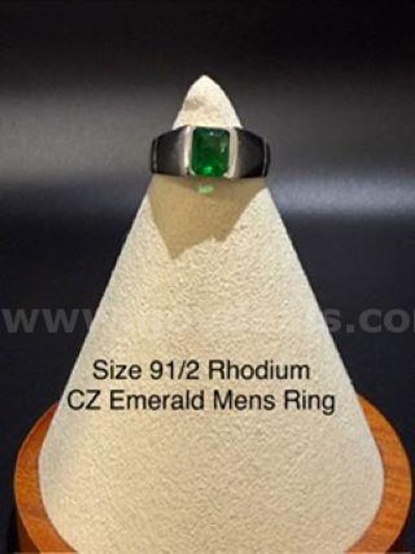 Gorgeous, Men's, Rhodium Clad (Silver), Size 9 1/2, CZ Emerald Ring
