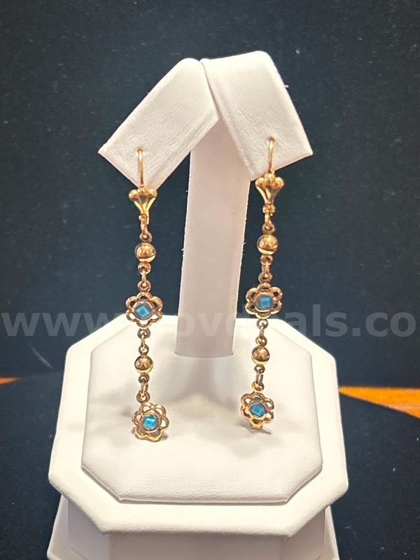 Rose Look, Dangling Drop , Turquoise CZ Earrings 24K Real Gold Plated