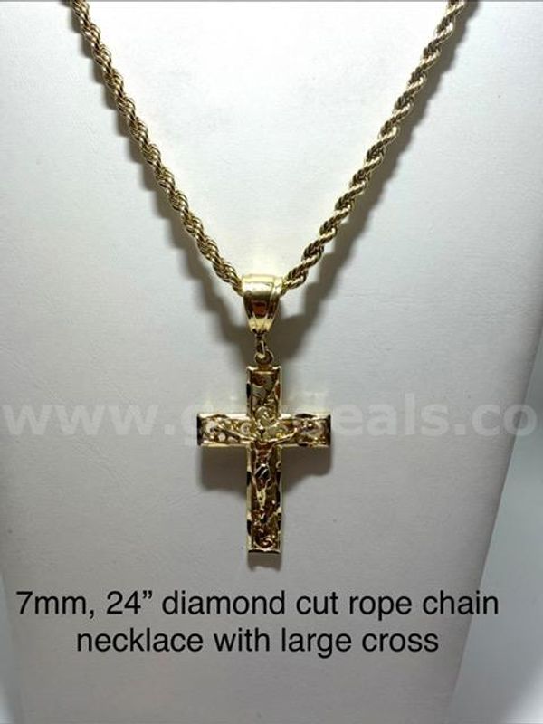 Gorgeous, 7MM, 24 Inch, Real 24k Gold Filled, Diamond Cut Rope Chain, W/Large Cross Pendant